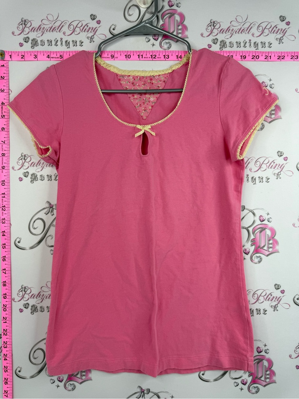 Jr T-shirt yellow lace bow y2k  Pink Short-Sleeve Knit Top with Lace Trim